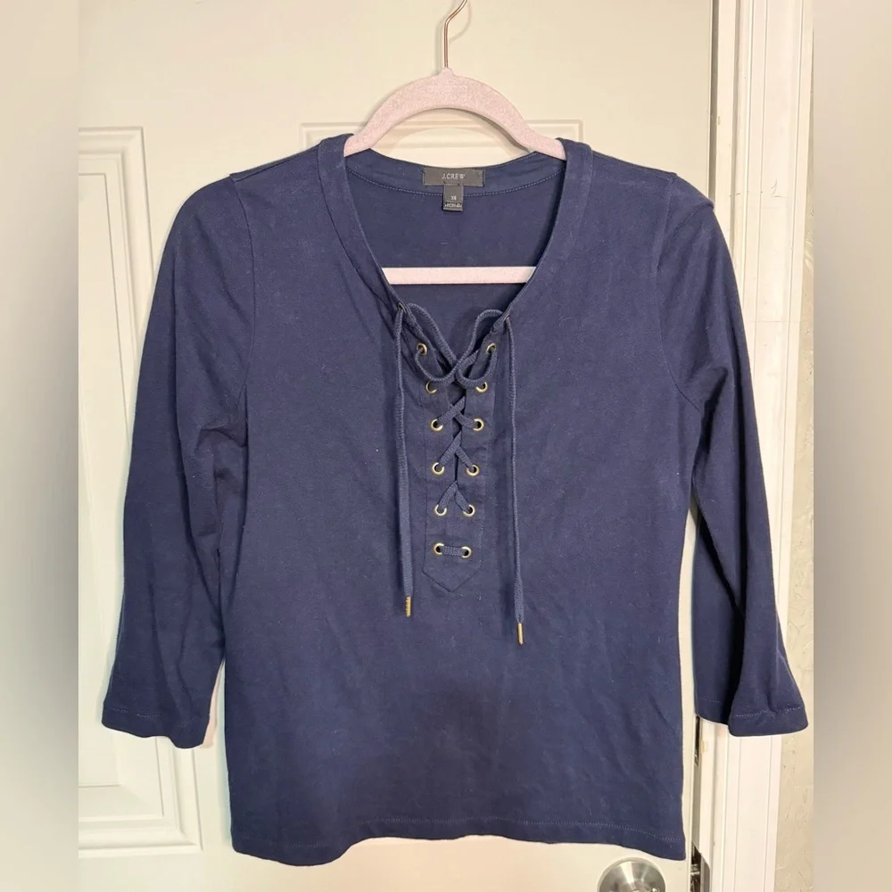 J.Crew Navy Lace Up Top XS 100%‎ Cotton 3/4 Sleeve Casual Blouse